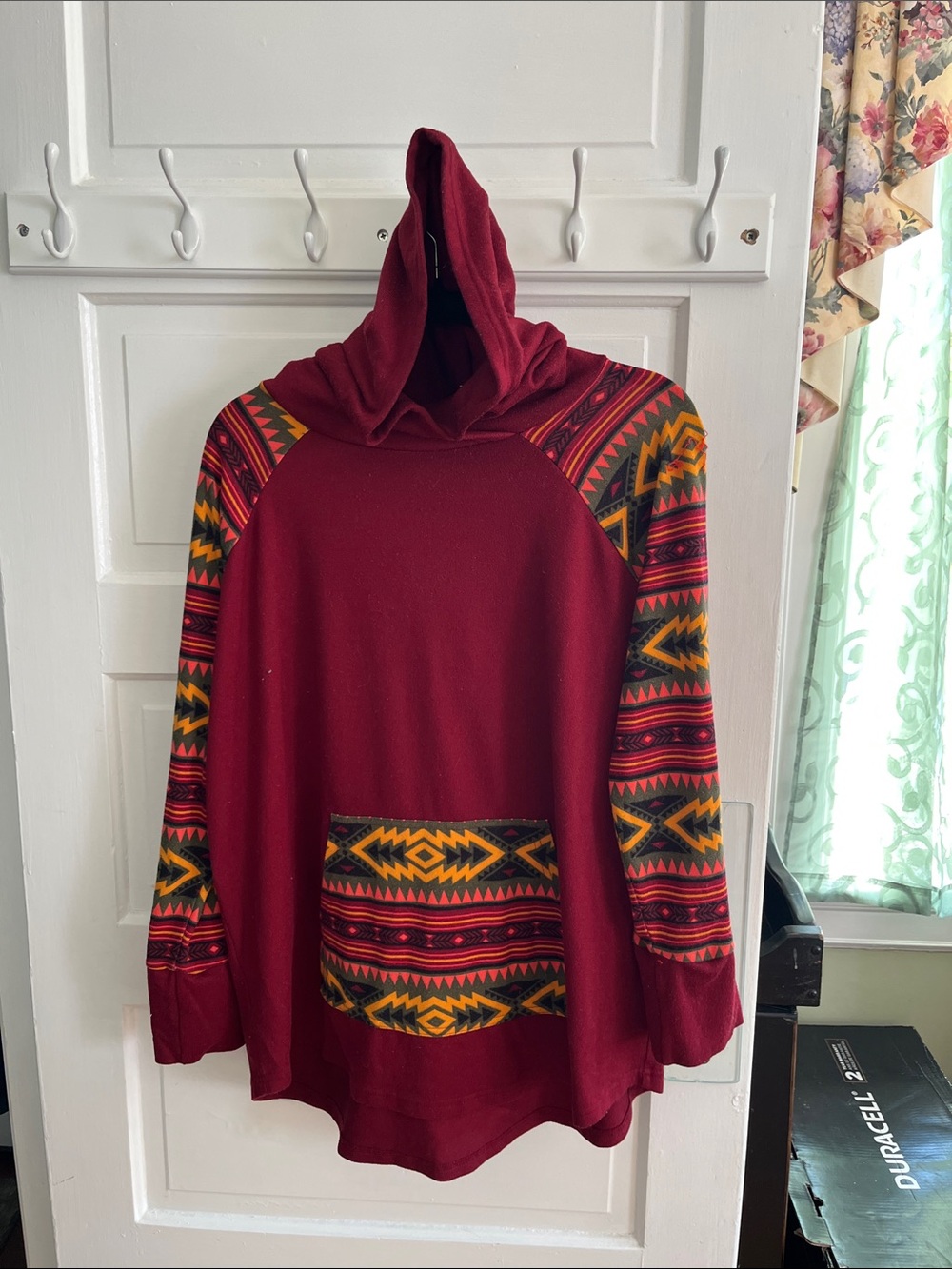 LuLaRoe Maroon Hoodie with Tribal Print Sleeve and Pocket Accents